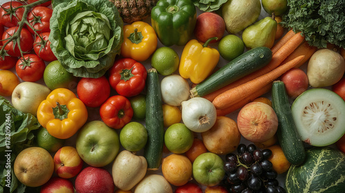 Varietà di frutta e verdura fresca colorata vista dall’alto. Generative AI