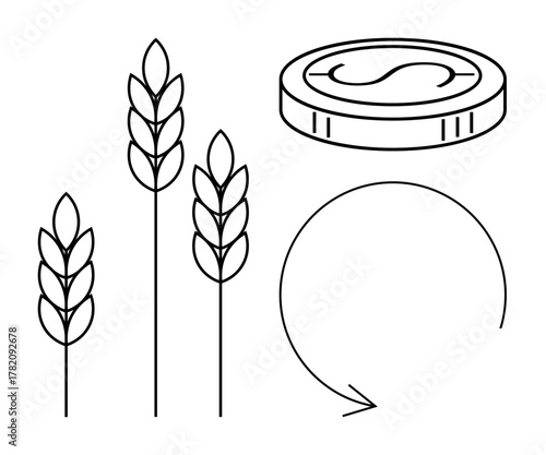 Grain stalks next to a coin and a recycling arrow representing agricultural economics, sustainability, circular economy, eco-friendly practices, organic farming, resource conservation, simple flat