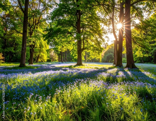 Fototapeta Naklejka Na Ścianę i Meble -  Lush parkland bathed in golden sunlight. Blue wildflowers carpet the foreground, leading to a sunlit clearing framed by towering trees