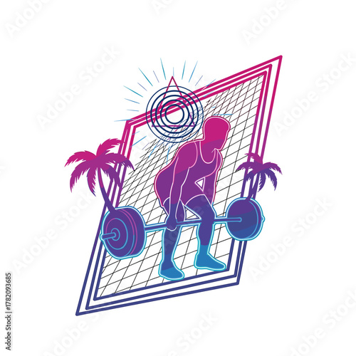 Neon Synthwave Vector of Athlete Deadlifting Barbell, Retro Gym Workout Illustration on Transparent Background