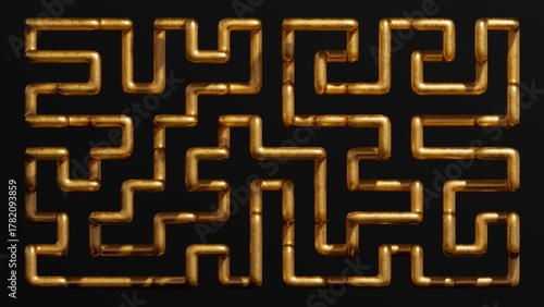 Fototapeta Naklejka Na Ścianę i Meble -  abstract geometric structure of a gold tube. Metallic pipeline in the shape of a maze, isolated on black background, 3d rendering
