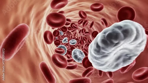 White Blood Cells and Red Blood Cells Flowing in a Vein or Artery Microscopic Medical 3D