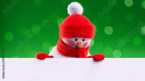 Curious wool‑felt snowman peeks over a white ledge on vivid green bokeh background, ideal for New Year and Christmas postcards. 3d render illustration.
