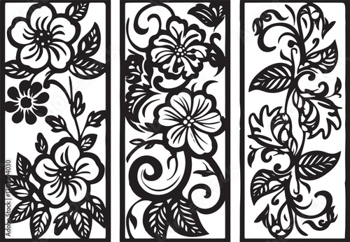 Three vertical panels with floral silhouette designs silhouette