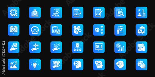 Evaluation and review   Cohesive set of minimalist vector icons representing key ideas with visual clarity