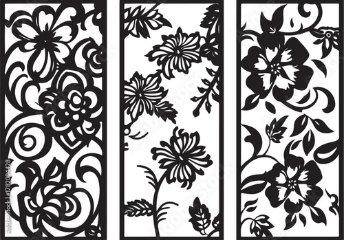Three decorative floral panels silhouette