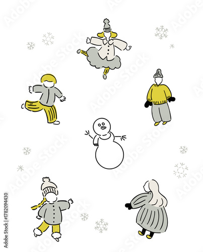 雪で遊ぶこどもたち_キッズ,冬,雪,手描きイラスト_ゴールド＆シルバー｜ Kids Playing in the Snow_Children, Winter, Snow, Hand-drawn Illustration_Gold & Silver