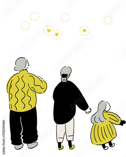 後ろ姿の家族_冬Ver,星空,手描きイラスト_ゴールド＆シルバー｜ Family from Behind_Winter Version, Starry Sky, Hand-drawn Illustration_Gold & Silver