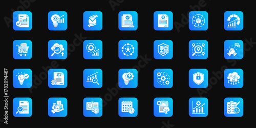 Data and insights   Cohesive set of minimalist vector icons representing key ideas with visual clarity