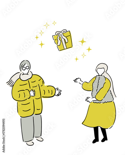 サプライズプレゼント_恋人,冬の贈り物,手描きイラスト_ゴールド＆シルバー｜ Surprise Gift_Lovers, Winter Present, Hand-drawn Illustration_Gold & Silver