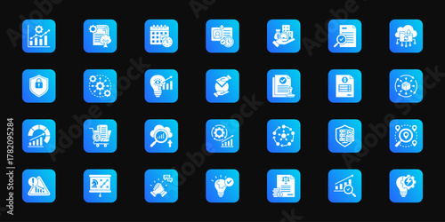 Smart workflow execution Cohesive set of minimalist vector icons representing key ideas with visual clarity