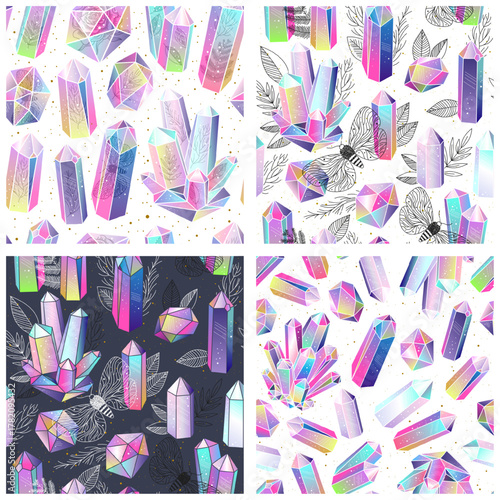 Seamless patterns collection with colorful bright transparent crystals gems, moths and flowers floral details. Rainbow multicolored gemstones, minerals quartz. Mystic magical forest witchy background.