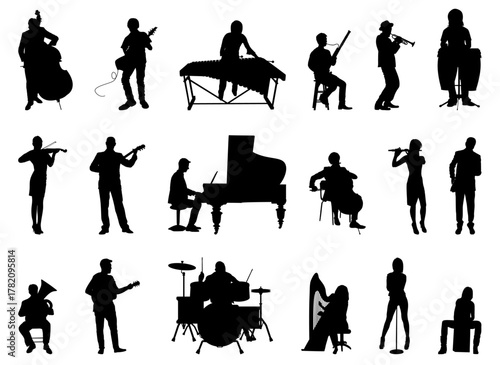 Silhouettes set of musicians playing various musical instruments vector collection.