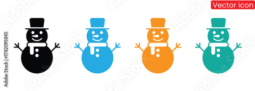 Snowman icon vector,Charming snowman icons in black, blue, orange, and teal for winter designs,Snowman Icons.Funny Snowman in a Hat and Scarf. Christmas and Holiday Concept