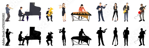 musicians playing different instruments with silhouette vector illustration
