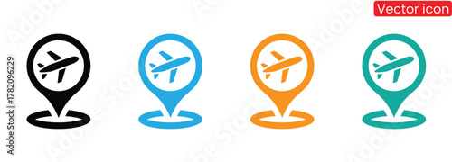Colorful airplane location pin icons for travel maps and navigation apps,Airplane Route Pin Icon Logo. Modern Travel Flight Tracking Logo Vector on Transparent Background

