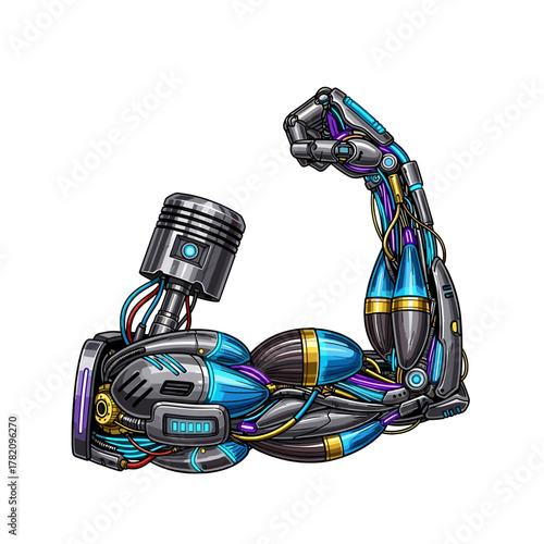 Powerful Robotic Arm Flexing with Piston Detail, Futuristic Vector Illustration on Transparent Background