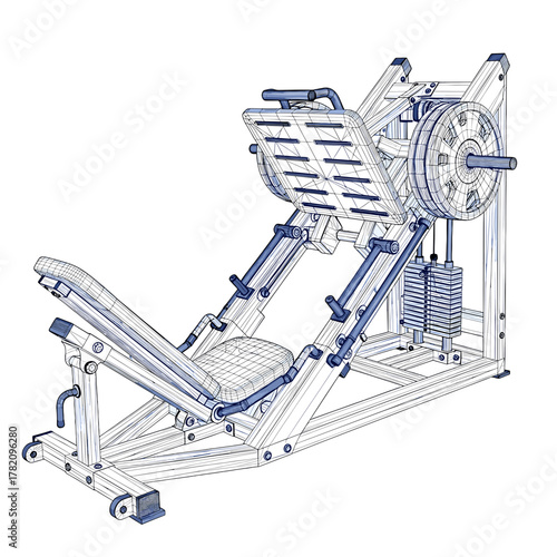 Vector Wireframe Leg Press Machine for Gym Fitness and Strength Training, Blueprint Style on transparent background