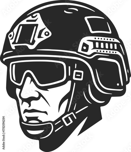  Icon of a soldier's head in a modern ballistic helmet with ear protection and headphones, protective glasses, military icon in the form of a logo silhouette in black color.
