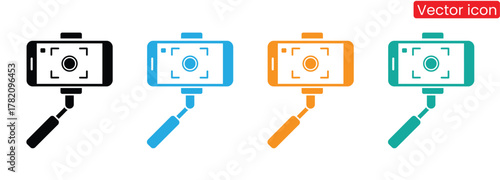 Capture perfect moments with modern selfie stick phone icons.Monochrome selfie stick with smartphone icon vector illustration. Minimalist modern electronic device mobile phone display 