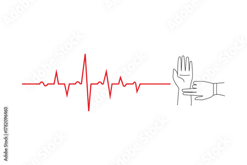 Heartbeat with checking pulse vector concept. Pulse check. Checking pulse vector illustration. Vital sign, hand checking, line. Medical check.