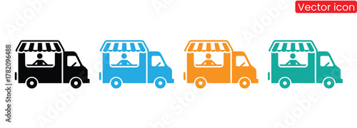 Vibrant food truck icons represent mobile business and street food,Food truck Food Truck Mobile Restaurant Eatery Eat Van Transport Delivery Deliver Fast Service Station Carnival Cafe Sign Icon
