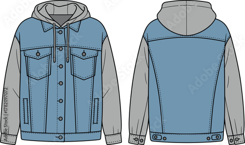 Light blue denim hoodie jacket, casual streetwear fashion, stylish urban clothing, gray sleeves with hood, modern hybrid outerwear, trendy apparel design