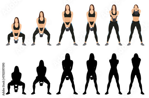 Woman engaged in fitness activities with kettle bell with silhouette vector illustration.