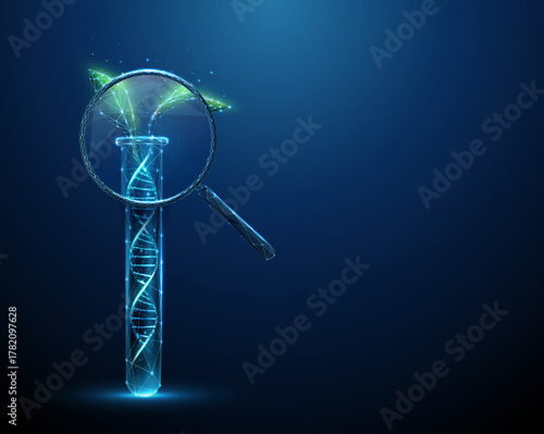 Green plant leaves growing from a blue 3D DNA helix in a test tube under magnifying glass. Plant genetics, molecular biology, sustainable agriculture concept.
