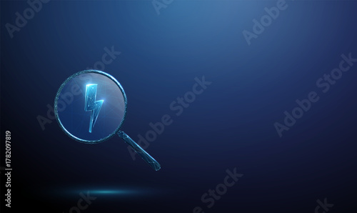 3D blue magnifying glass with a lightning bolt inside. Energy inspection, electrical analysis, voltage monitoring, electricity research, power detection concept.