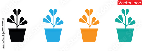 Modern potted plant icons in vibrant colors, black environment logo template vector illustration. Agriculture icon logotype design