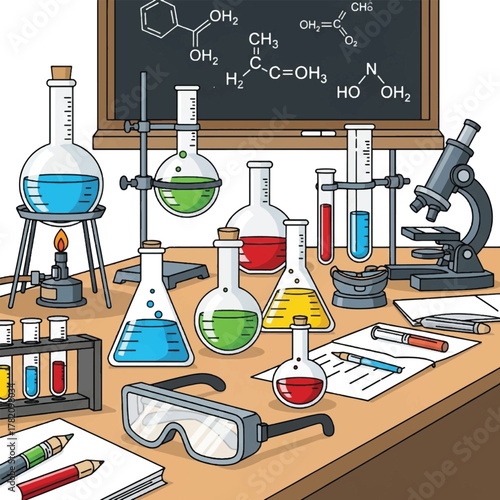 A vibrant illustration of a chemistry laboratory setup with various glassware, a microscope, and chemical formulas on a blackboard.