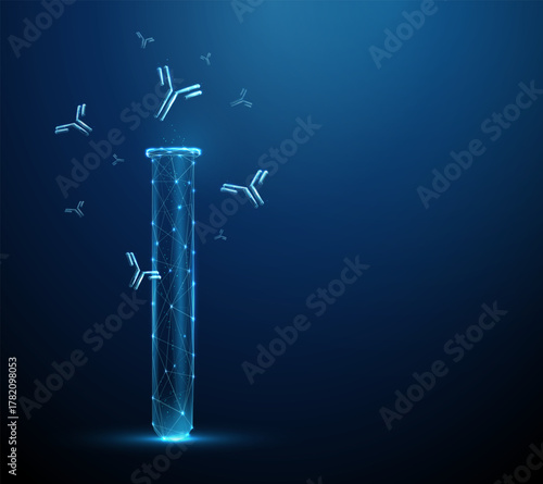 Laboratory blood test tube and antibodies. Immunological diagnostics, serological testing, immune response monitoring, synthetic antibody development concept