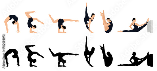 Collection of women stretching and exercising vector silhouette illustration.