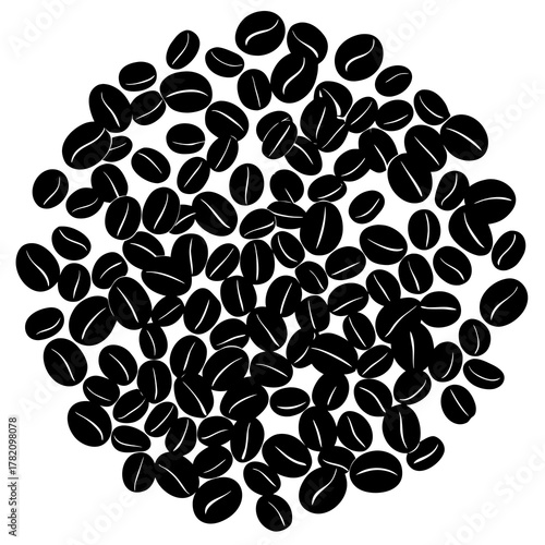 Abstract black coffee beans scattered on white background