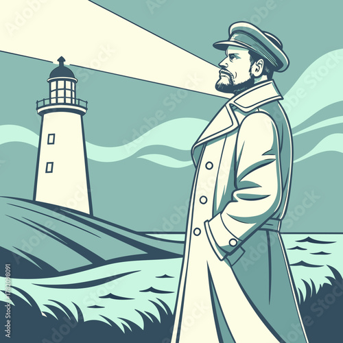 Man in trench coat and cap standing by lighthouse