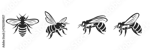 Honey Bee Silhouette Vector Set — Black and White Insect Logo Icons