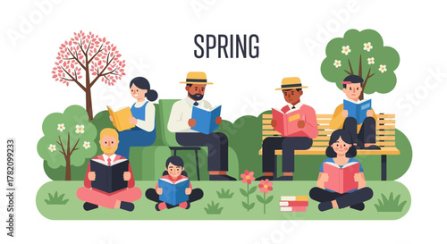Diverse people reading in the Spring scenery, relaxing on the grass and bench