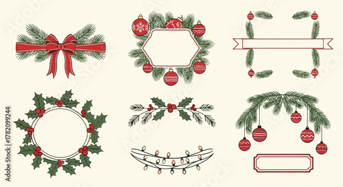 Festive Holiday Design Elements Ornaments, Garlands, and Decorative Frames