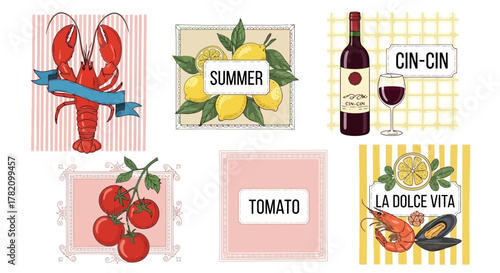 Summer food and drink icons featuring lobster, lemons, wine, tomatoes, and seafood, with Italian style
