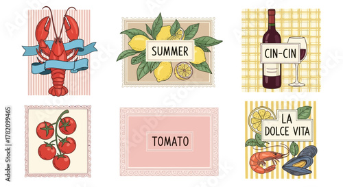 Delicious food and beverages lobster, lemons, wine, tomatoes, and mussels – a summer treat for everyone