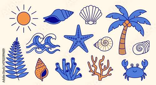 Summer Seaside Collection Sun, Waves, Shells, Starfish, Palm Trees, and Aquatic Life Illustrations