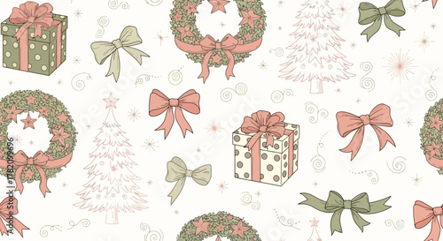 Festive Christmas Pattern with Gift Boxes, Wreaths, and Bows on a White Background