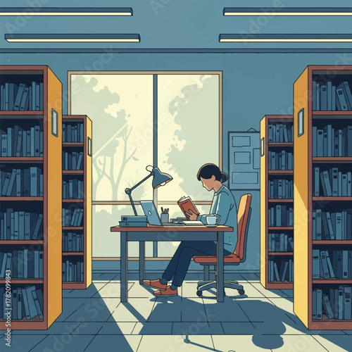 An illustration of a person reading a book at a desk in a quiet library with bookshelves and sunlight streaming through a large window.