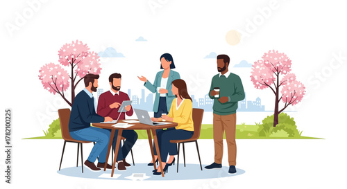 Team brainstorming session under cherry blossoms Collaboration and ideas flowing