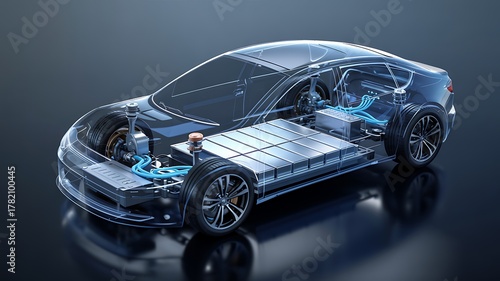 Transparent electric car showing detailed internal components including battery pack motor and chassis on a dark background