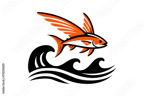 A stylized orange flying fish leaping above dark ocean waves, graphic illustration.