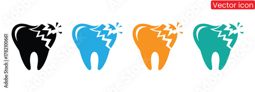 Iconography representing dental decay and pain with vibrant color options,Tooth black icon symbol silhouette flat design style sign. Tooth simple silhouette on white. Dentist concept.