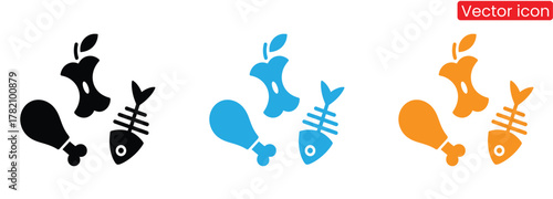 Discarded food waste icons showing apple core, fish bone, and chicken leg,Food waste vector  icon illustration.