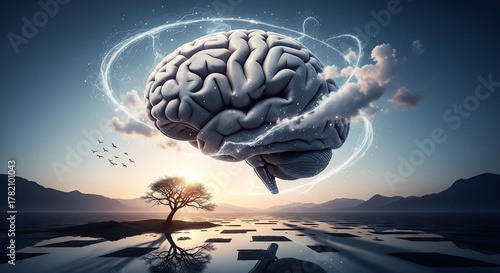A brain floats above a landscape, symbolizing intelligence, creativity, and the power of the mind in a surreal and thoughtprovoking scene